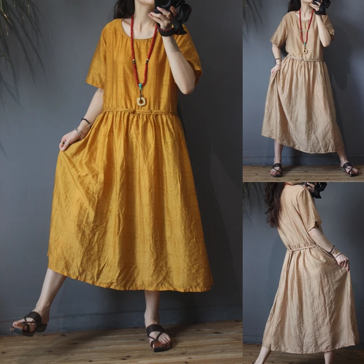 

Summer New Arrivals Women Casual All-match Loose Plus Size Vintage Plaid Yellow Champagne Silken Linen Long Pullover Dresses