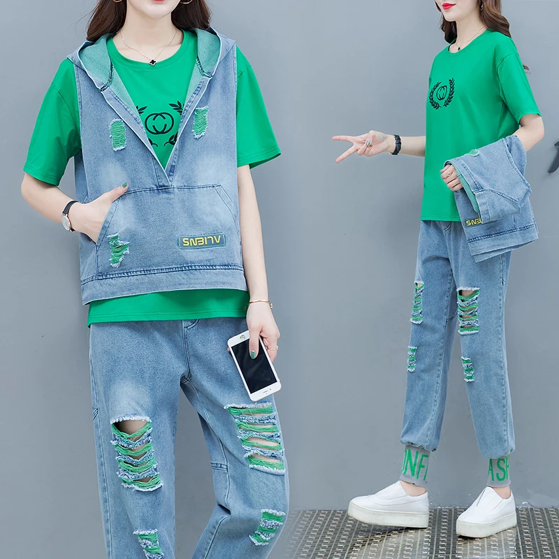 

2019 Summer Women Fashion Denim Vest Hoodie + Green T-shirt + hole Jeans Suits Female Vintage Casual 3 Piece Sets Plus Size 3XL