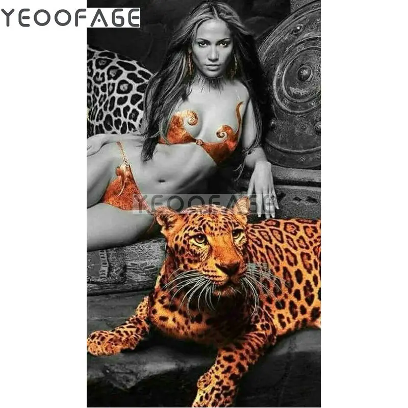 

5D DIY Diamond Painting Needle Drill Rhinestone Mosaic Diamond Embroidery Woman and Leopard Pattern Crafts Home Decoration Gift
