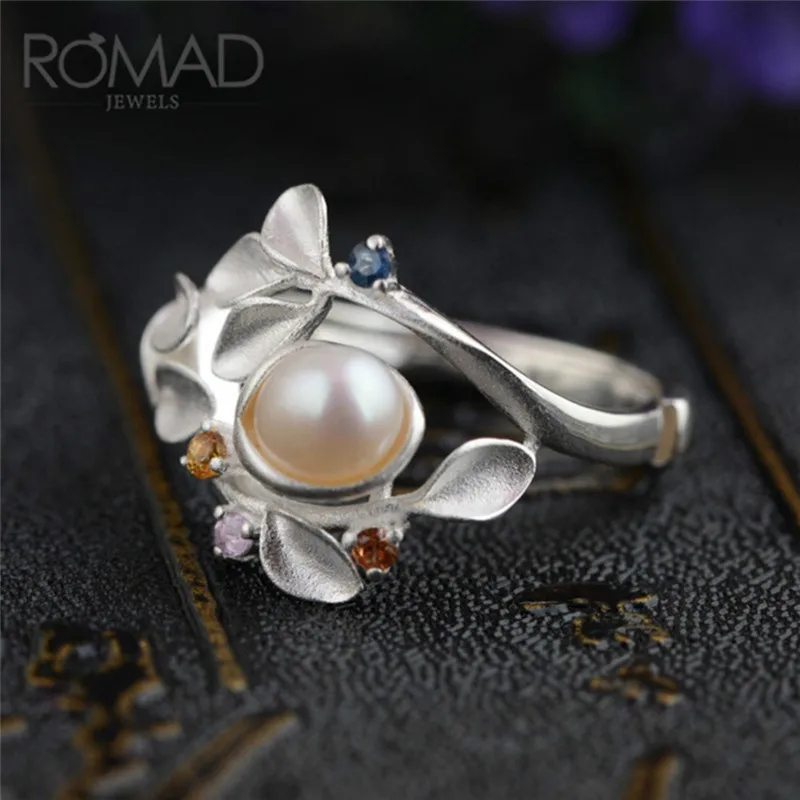 

ROMAD Flower Shape Peal Blue Pink Crystal Ring For Women Silver Wedding Engagement Ring Fashion Jewelry Gift R4