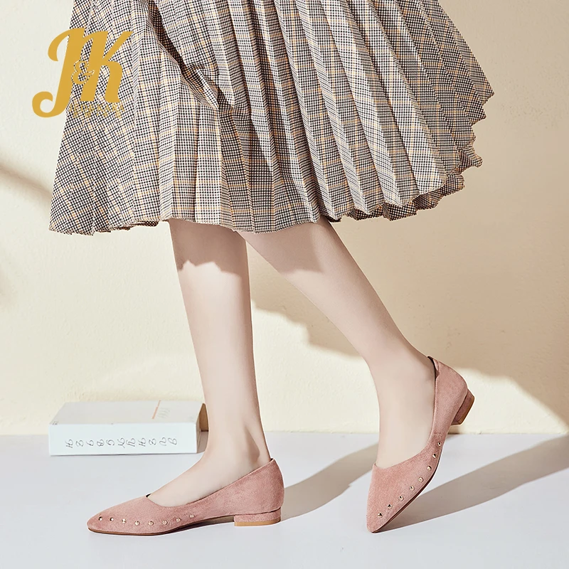 JK 2019 Spring New Casual Women Flats Pointed Toe Footwear Shoes Slip-On Flat Sole Fashion Metal Decoration Flock Woman | Обувь