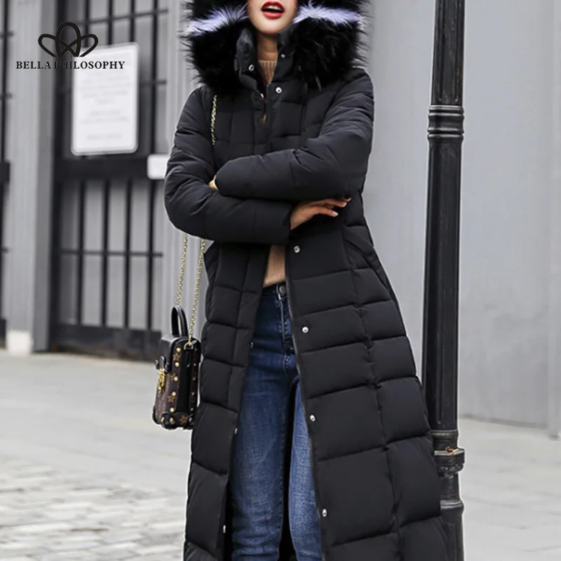 Bella Philosophy Winter New Coat Jacket long Fashion Jacket Women Thick Down Parka female Slim Fur Collar Warm Cotton Coat