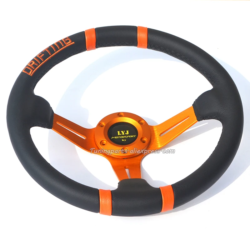 350mm Orange Rivet Drifting Steering Wheel 14 inch Leather Car Steering