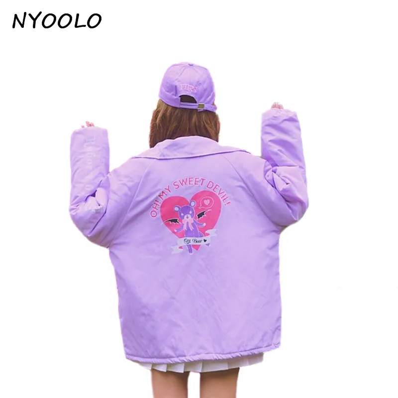 

NYOOLO style autumn winter coat Spoof bear letter print cover button cotton thick cardigan windbreaker jacket women outerwear