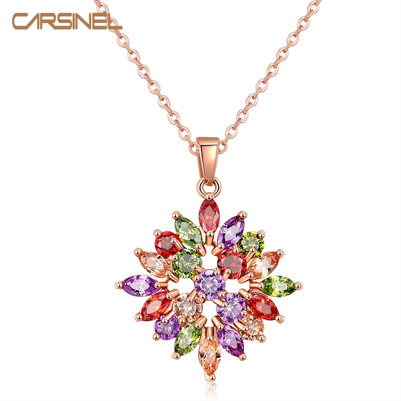 

CARSINEL Fashion Rose Gold Color Necklaces Pendants with Multi Color AAA Cubic Zircon For Women Mother's Day Gift