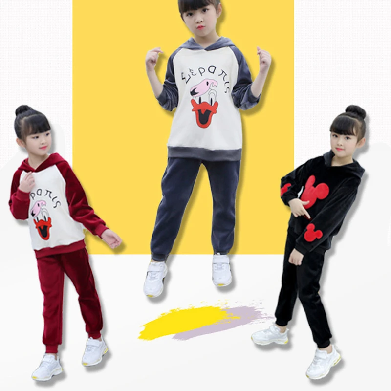 

Thick Velvet Autumn And Winter Children Girls Hooded Sports Two-Piece