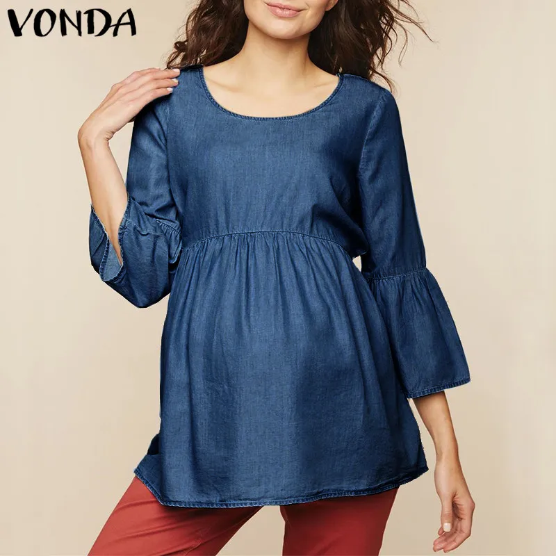 Cena VONDA Ubrania Ciążowe Letnie Kobiety Bluzka 2018 Elegancki Dorywczo Luźne Stałe Koszule Ciąży Tee Topy Plus Size Blusas Pullover