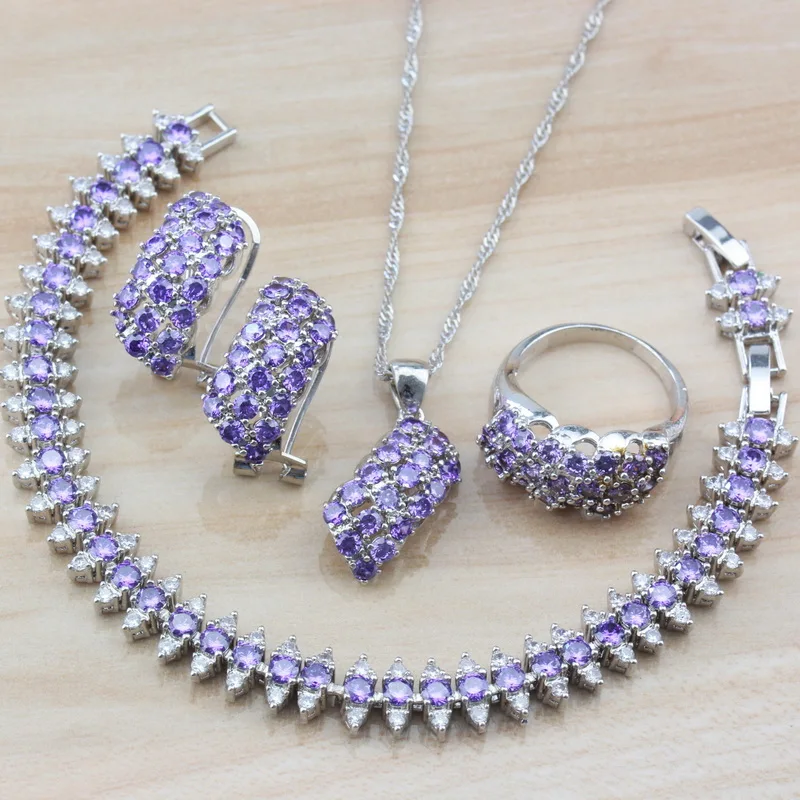 

AAA+Quality Natural Stone Purple Crystal Bridal 925 Silver Jewelry Sets For Women Costume And Free Independent Jewelry Box