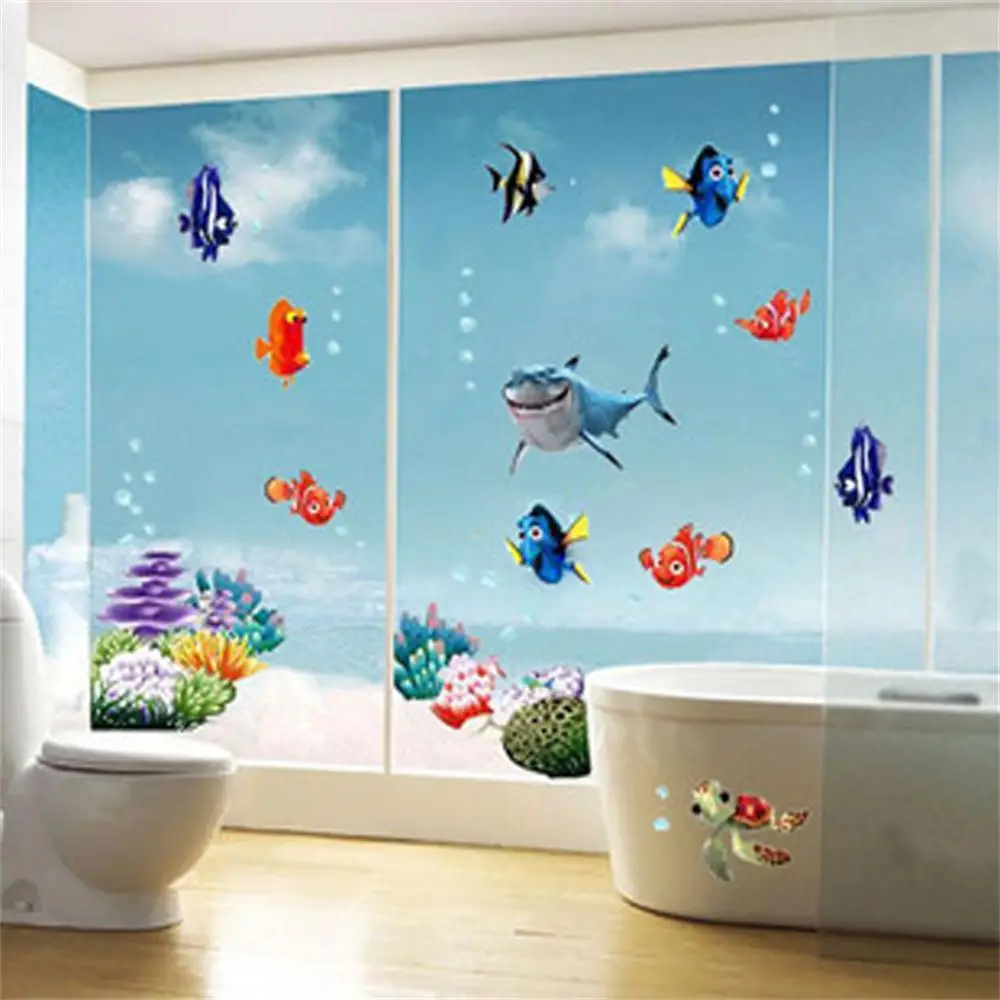 Чудесный морской мир, красочные рыбки, животные, виниловые настенные художественные наклейки на окна для ванной комнаты, декоративные наклейки на стены для детской комнаты