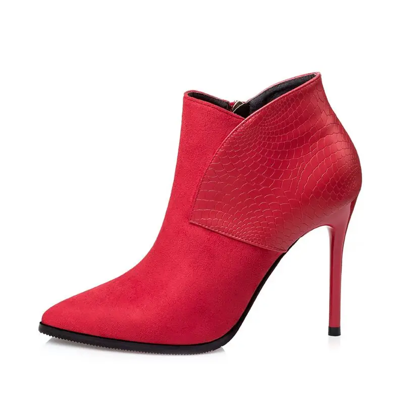 EOEODOIT/короткие женские ботильоны на шпильке; сезон осень-зима; модные замшевые туфли-лодочки с острым носком на высоком тонком каблуке 10 см - Цвет: Красный