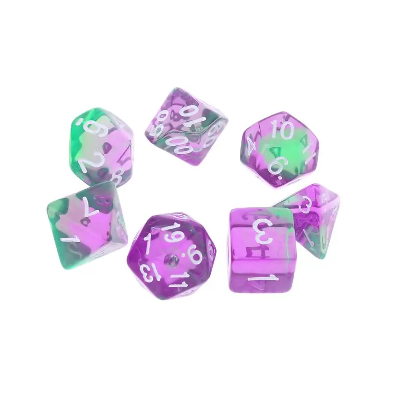 7 шт. прозрачные двухсторонние игральные кости D4 D6 D8 D10 D12 D20 подземелья и дракон D& D RPG поли настольная игра набор - Цвет: Green Purple