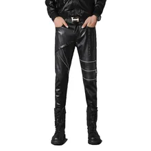 Для мужчин модные панк Мотобрюки мужской PU кожа локомотив Брюки для девочек рок шоу на сцене костюмы Для мужчин Slim Fit Повседневное кожаные штаны