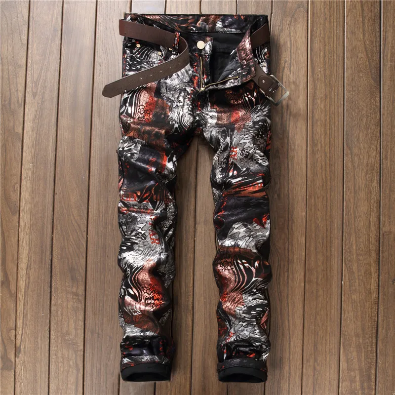 

New fashion trend printing casual pants men's slim jeans men's fashion PU casual trousers
