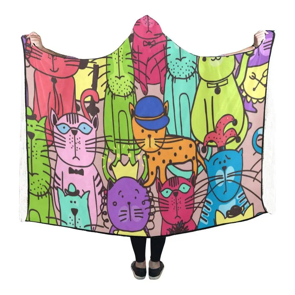 Portable Wearable Fluffy Custom Hooded Blanket Woods Cute Doodle Cats