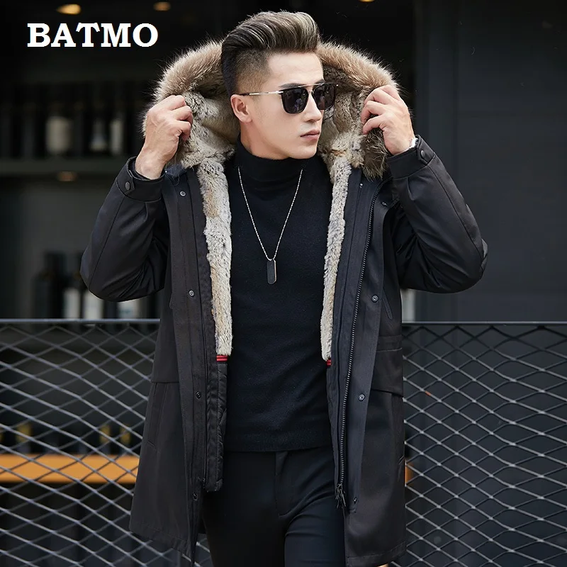 Batmo Новое поступление зимняя высококачественная теплая куртка с капюшоном из кроличьего меха, синяя мужская куртка, парки с воротником из меха енота для мужчин 1860