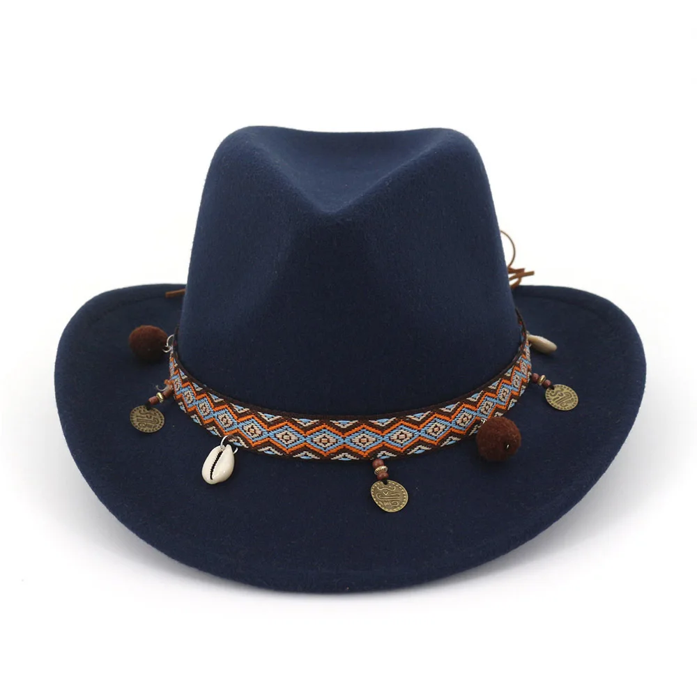 QIUBOSS Мужская и Женская шерстяная фетровая ковбойская фетровая шляпа с лента в этническом стиле австралийская мягкая фетровая шляпа в джазовом стиле широкополая шляпа