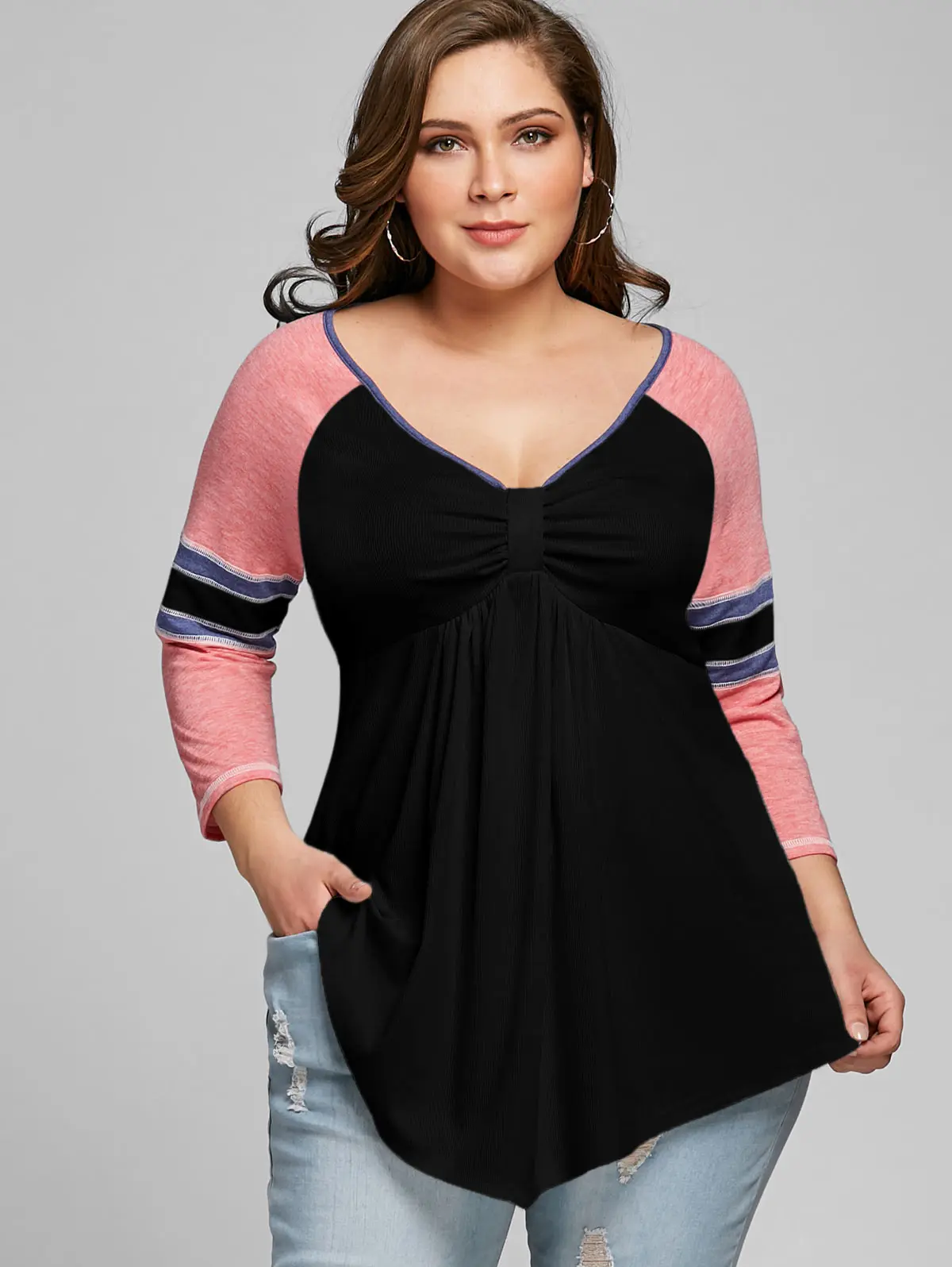 Wipalo Women New Fashion Casual Long T Shirt Plus Size 5XL Raglan Sleeve Empire Waist V Neck Tunic Tops Clothing Shirts|fashion t shirt|t shirtplus