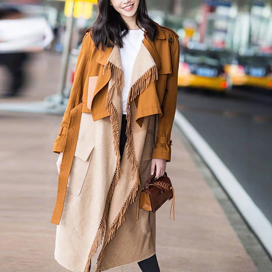 Koop 2018 Winter Kleding Vrouwen Streetwear 50% Wol Geul Caramel Kwastje Print Spliced Lange Stijl Turn down Kraag Slanke Jas