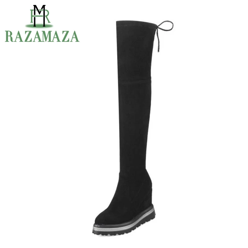 

RAZAMAZA Platform Boots Women Winter Shoes Wedges Lace Up Over Knee Boots Fashion Sexy Long Boots Ladies Footwear Size 33-42