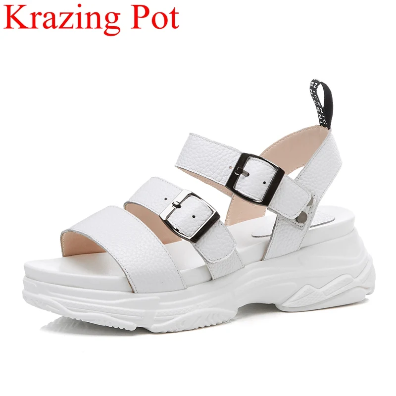 

2018 fashion peep toe genuine leather high heels platform wedge women sandals buckle strap office lady casual beach shoes L65