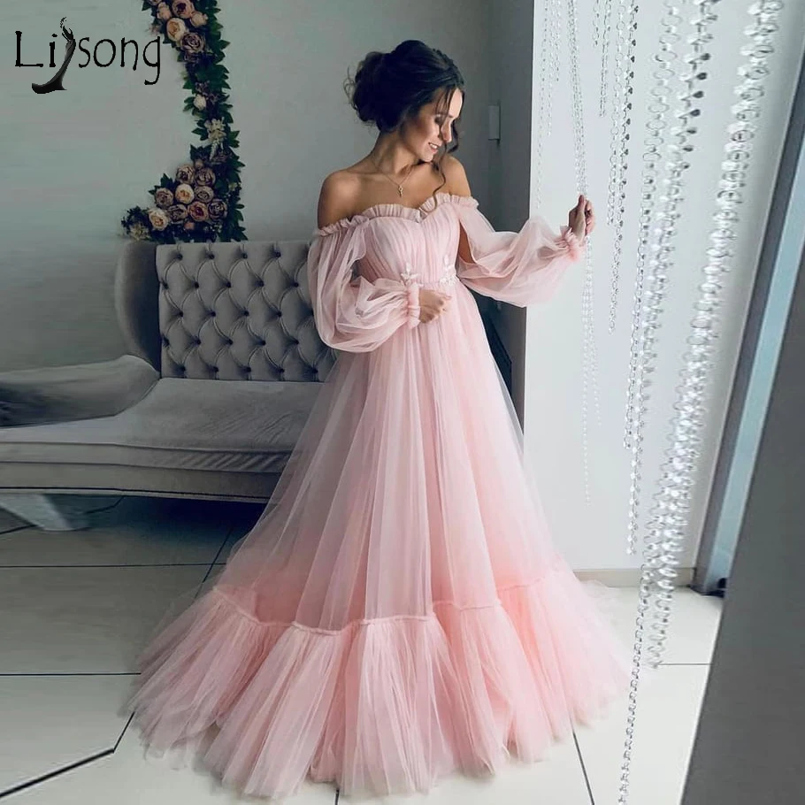 

Pretty 2019 Blush A-line Long Pink Tulle Prom Dresses Full Sleeves Off The Shoulder Ruffles Prom Gowns Party Dress