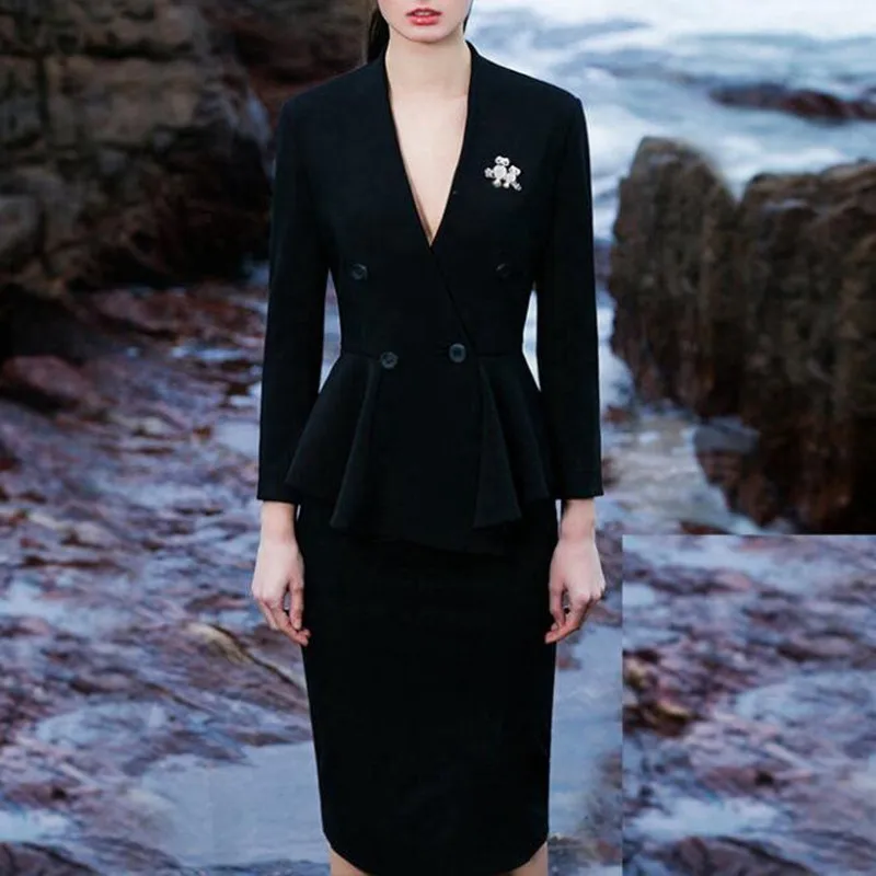 

Elegant Dress Suits Women Vintage England Style Sexy V Neck Jacket Blazer Business Wear Work Set For Office Lady Formal Clothes