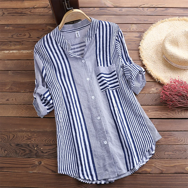 

Blusas Top 2019 Women Casual V Neck Patchwork Loose Blouse Summer Fashion 3/4 Sleeve Elegant Striped Work OL Buttons Down Shirt