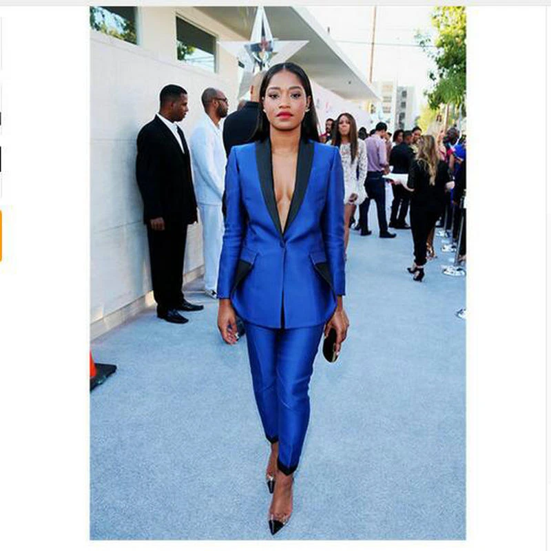 ロイヤルブルーレディースビジネススーツブラックラペル女性オフィスユニフォームパンツスーツ Pant Suits Aliexpress