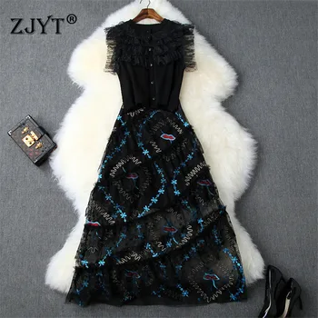 

2020 Summer Runway Designer Two Piece Set Women Ruffles Mesh Patchwork Knit Top and Embroidery Long Skirt Matching Set Clothes