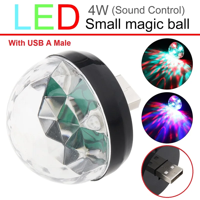 

4W Mini USB LED Sound Active Light Crystal Magic Ball RGB Colorful Stage Light USB/Micro USB/Type C Jack for Home Car KTV
