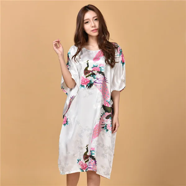 Новое поступление, женская шелковая ночная рубашка в китайском стиле, Летняя Повседневная Ночная рубашка с цветочным принтом, одежда для сна, пижамы размера плюс 6XL WR047 - Цвет: Style A White