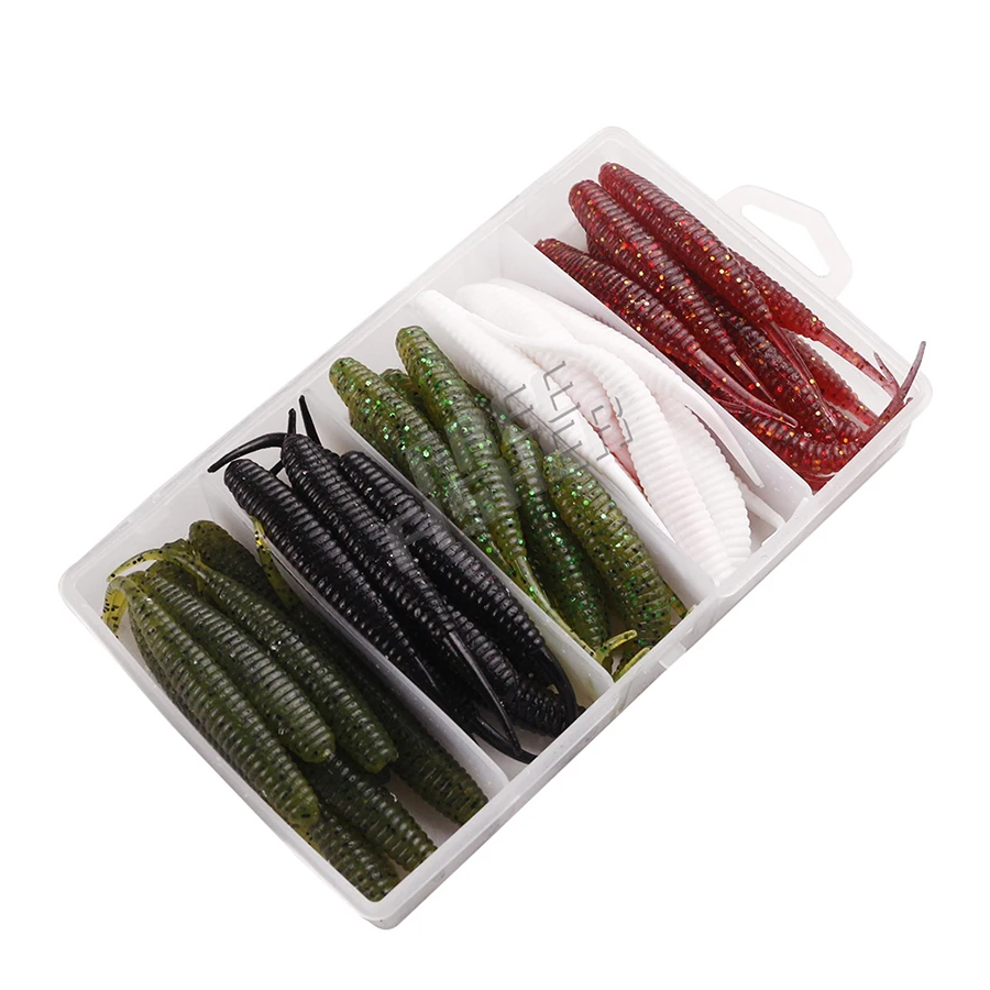 50pcs/lot Fishing Soft Bait Kit Worm Rubber Grub Bass Sea River Fishing