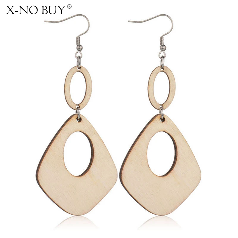 

X-NO BUY Handmade Simple Wooden Drop Pendant Earring For Women Ear Jewelry Statement Round Circles Rhombus Dangle Earring Female