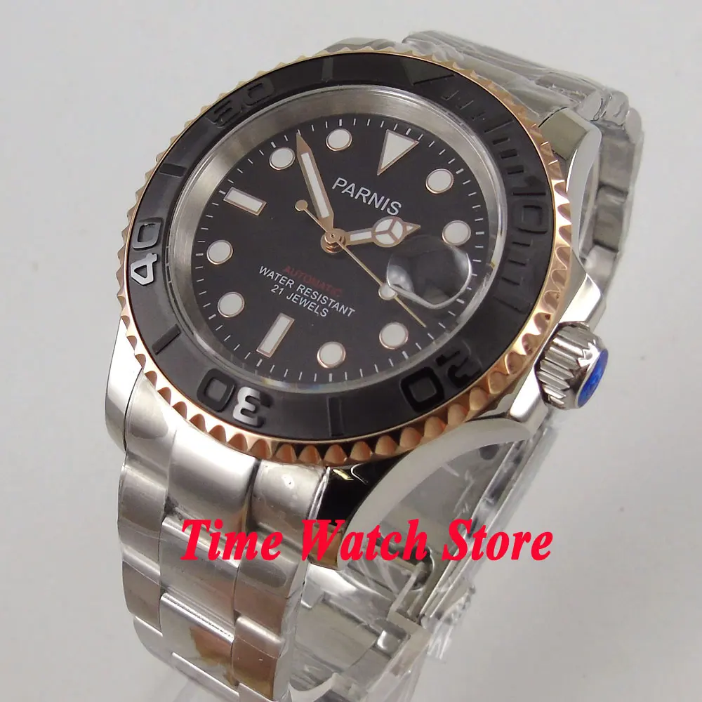 Parnis 41mm Men's Watch Sapphire Glass Luminous Date Magnifier Golden