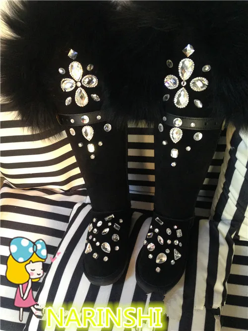 Женские Роскошные зимние ботинки с кристаллами; стильные короткие ботиночки на плоской подошве с круглым носком, украшенные стразами; зимние женские ботинки наивысшего качества