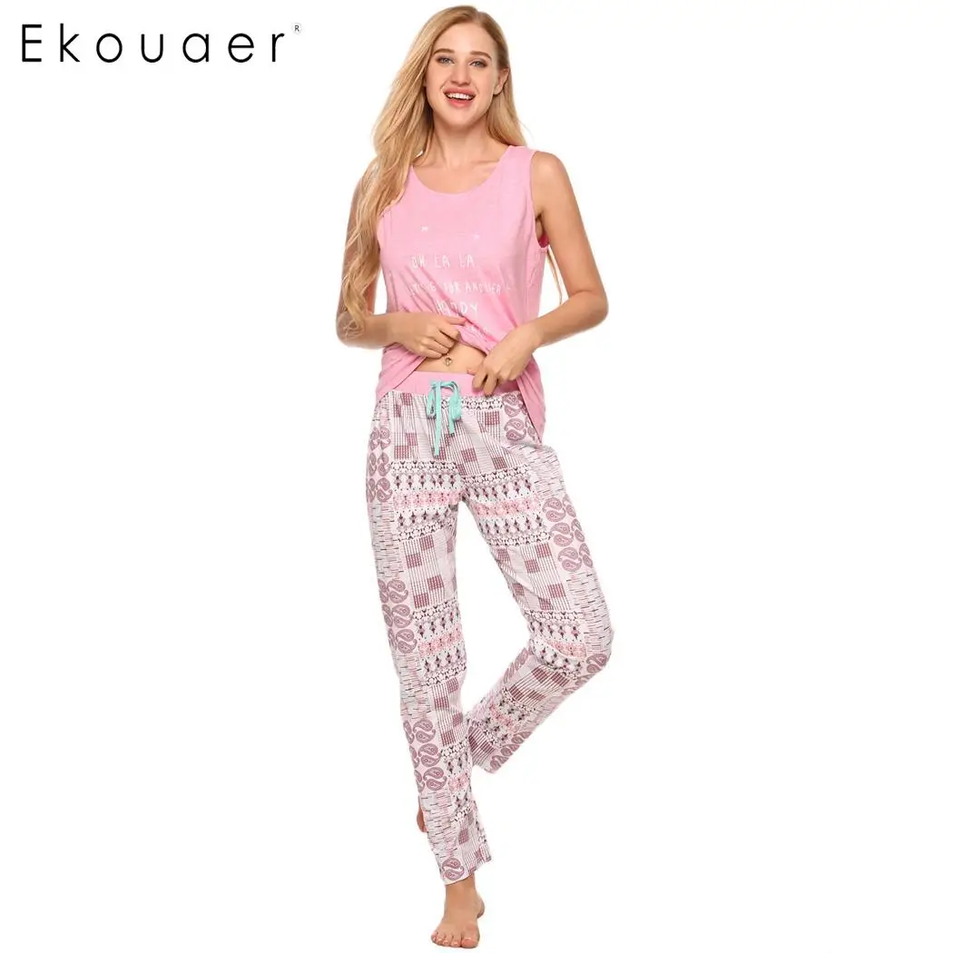 Ekouaer женский пижамный комплект, ночная рубашка без рукавов и длинные штаны с эластичной резинкой на талии, Пижамный костюм, домашняя одежда для сна