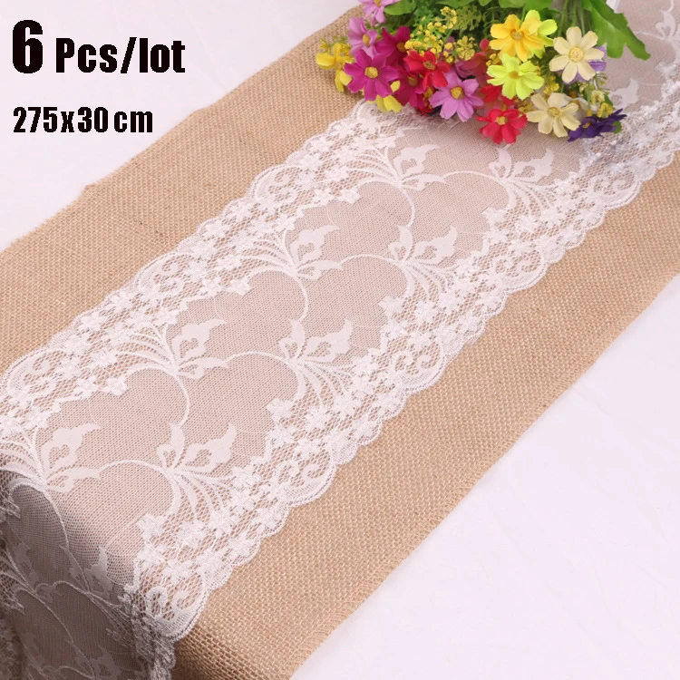 5 10 20 Rustic Burlap Hessian Lace Floral Table Runner Wedding Party Home Decor Kitchen Dining Bar Linens Textiles