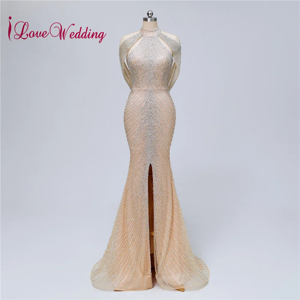 iLoveWedding Elegant Evening Dress Long Champagne Crystal Beadings Sexy Mermaid Luxuriy Formal Evening Gowns