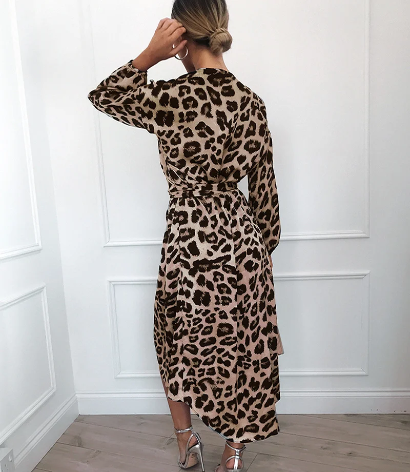 Сексуальное леопардовое платье для женщин с длинным рукавом, Осеннее шифоновое длинное платье, повседневное ТРАПЕЦИЕВИДНОЕ ПЛАТЬЕ С v-образным вырезом, винтажное вечернее платье с разрезом