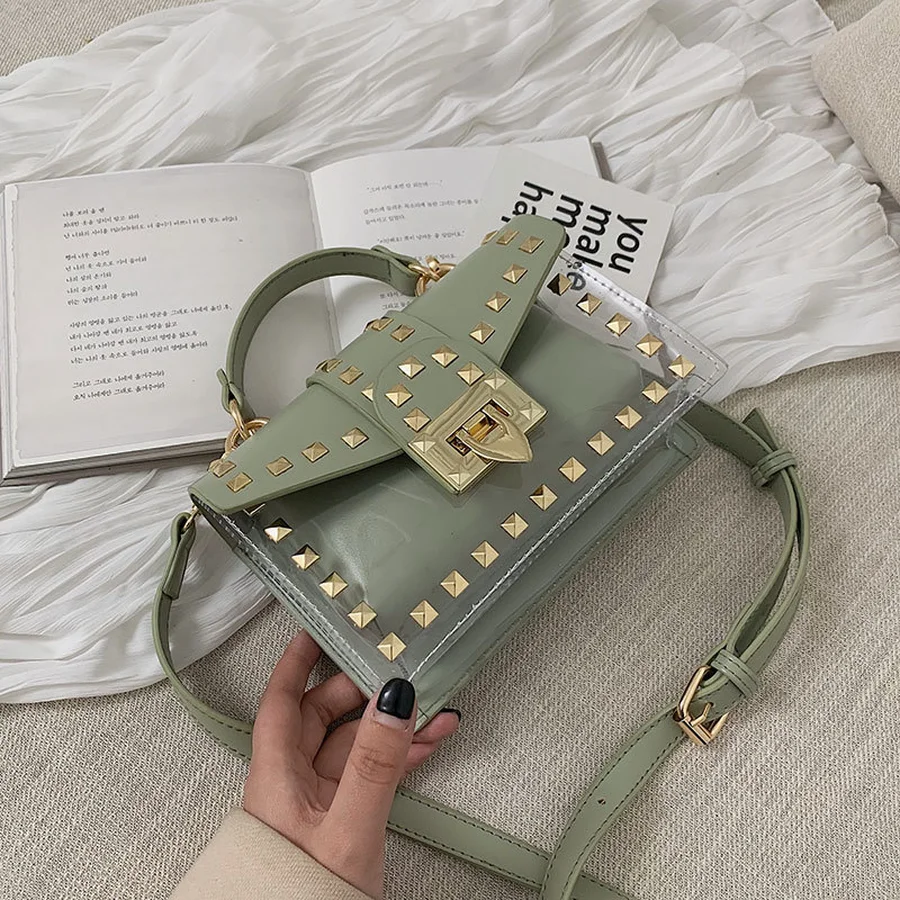 

Retro Rivet Transparent Pvc Jelly Women Handbags Casual Women's Shoulder Messenger Bags Top Handle Small Flap Bags Clutch Purses