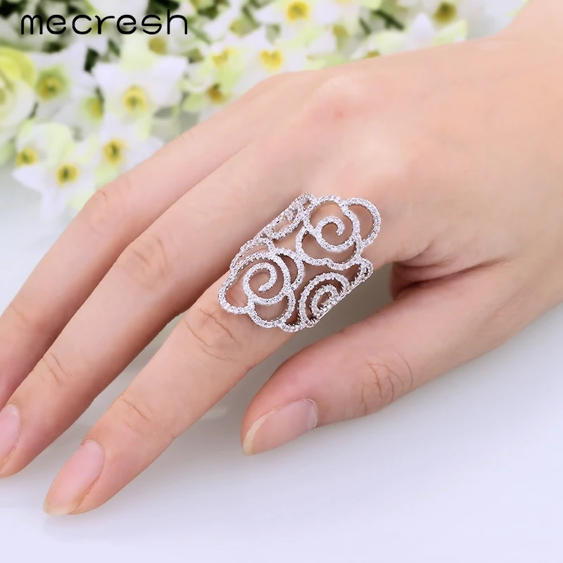 

Mecresh Double Rose Flower Shape Pave Setting Cubic Zirconia Finger Rings Silver Color Hollow Ringen Party Wedding Jewelry JZ039