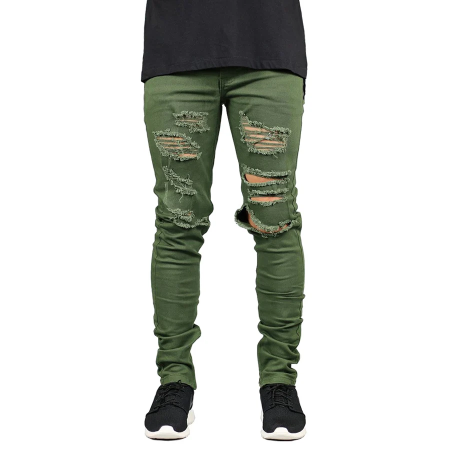 Для мужчин модные джинсы Stretch Slim Fit Рваные джинсы Армейский зеленый джинсы отверстие для Для мужчин H5093