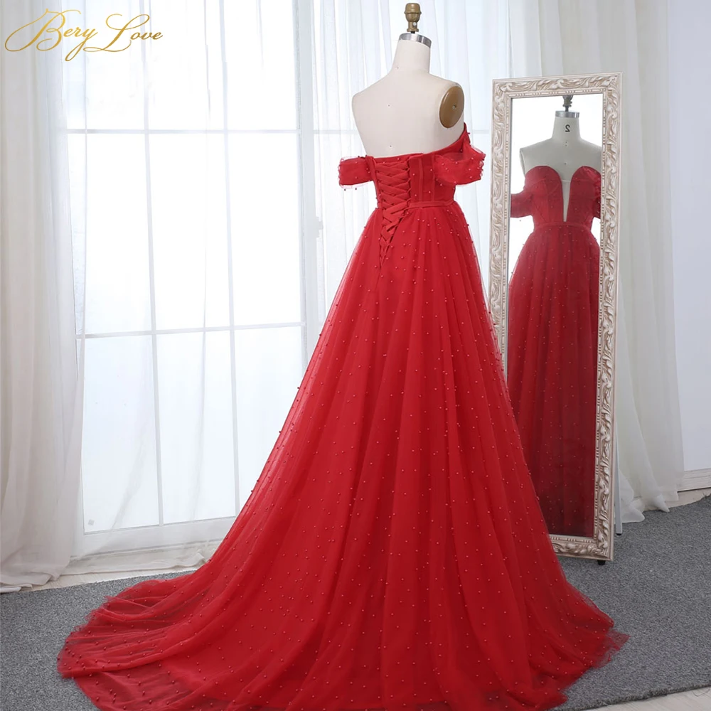Charming Pearls Red Evening Dresses Long Off-Shoulder Evening Gowns Lace-up Elegant Formal Evening Dress Cheap Prom Dress image 6