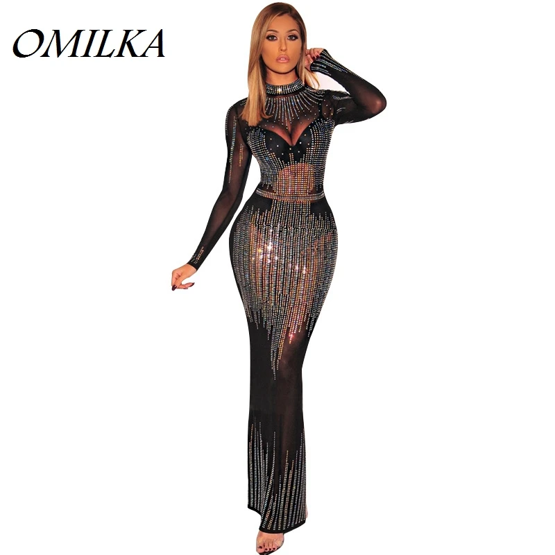 

OMILKA Hollow Out Mesh Diamonds Party Dress 2019 Autumn Women Long Sleeve Stand Neck See Trough Sexy Club Long Maxi Dress