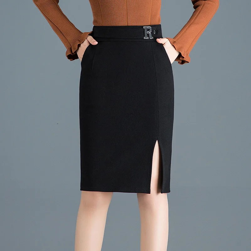 Осенне-зимняя шерстяная Женская юбка, Корейская тонкая сексуальная юбка с высокой талией, эластичная юбка-карандаш с разрезом спереди размера плюс, черные юбки миди 3XL