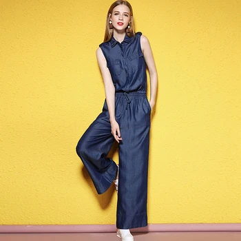 

Jumpsuits Women 100% Tencel Turn-down Collar Sleeveless Elastic Waist Full length Wide Leg Casual Style Ladies New Fashion 2019