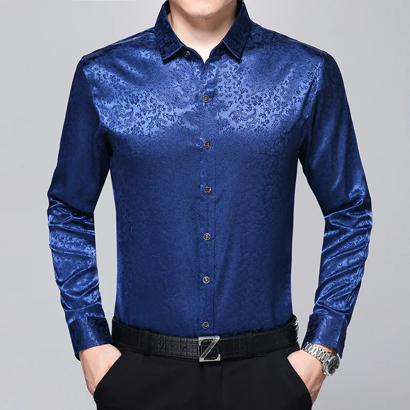 Vente Nouvelle arrivée mâle chemise en satin de soie hommes de mode floral robe chemise à manches longues gentleman chemise de soie livraison gratuite