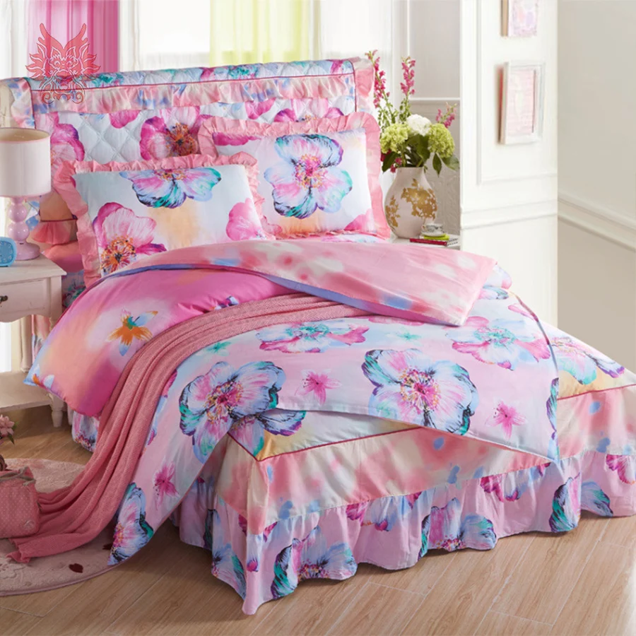 100 Cotton Bedding sets bed skirt type pastoral floral duvet cover set