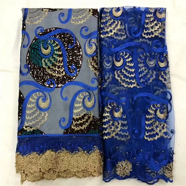Excellent Blue African Embroidery Batik Wax Lace Fabric And 2y
