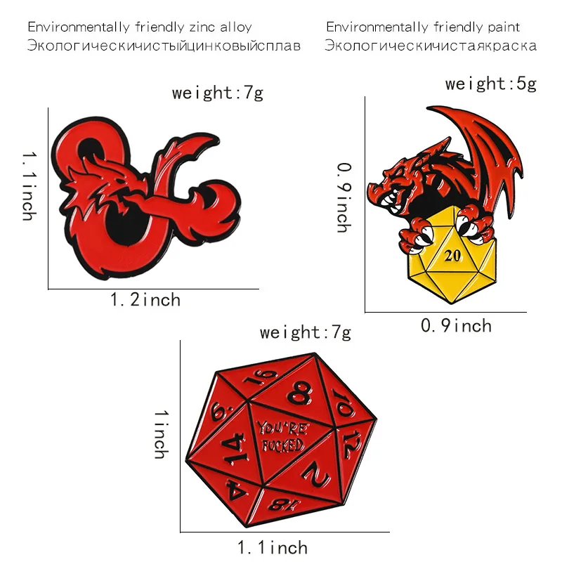 Дракон и подземелье игровые значки Красный Дракон игра логотип Нагрудный значок многоугольник красное золото серебряные игровые кости эмаль броши рубашка сумка Ювелирные изделия